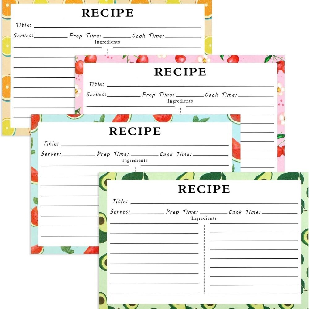 72 Blank Recipe Cards for Bridal Shower and Wedding - 4x6 Double Sided, 4 Fruit